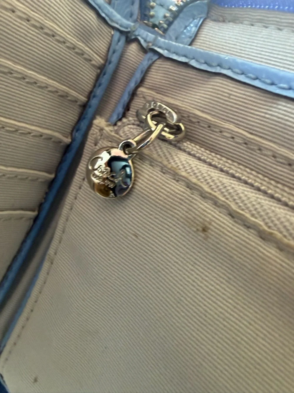 Coach Peyton Zip Around Canvas Wallet in Brown with Blue Trim